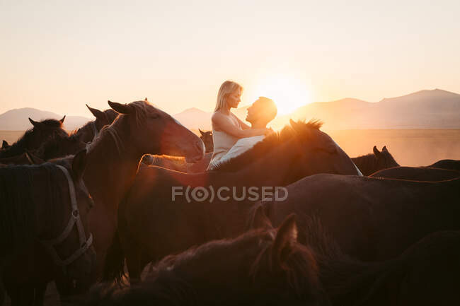 Боковой вид счастливой женщины, любовавшейся закатом над горами, будучи воспитанной любящим мужчиной среди спокойных лошадей в турецком поле — стоковое фото