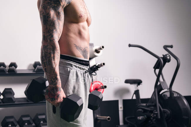 Vista lateral da cultura fisiculturista irreconhecível com tatuagens de pé com halteres pesados durante o treino no ginásio — Fotografia de Stock