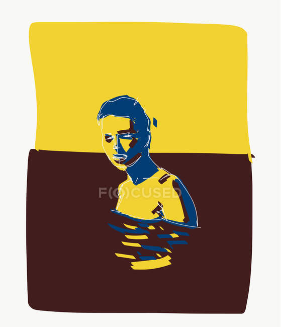 Colorida ilustración vectorial de un hombre joven sin camisa parado en el agua de mar y mirando a la cámara - foto de stock