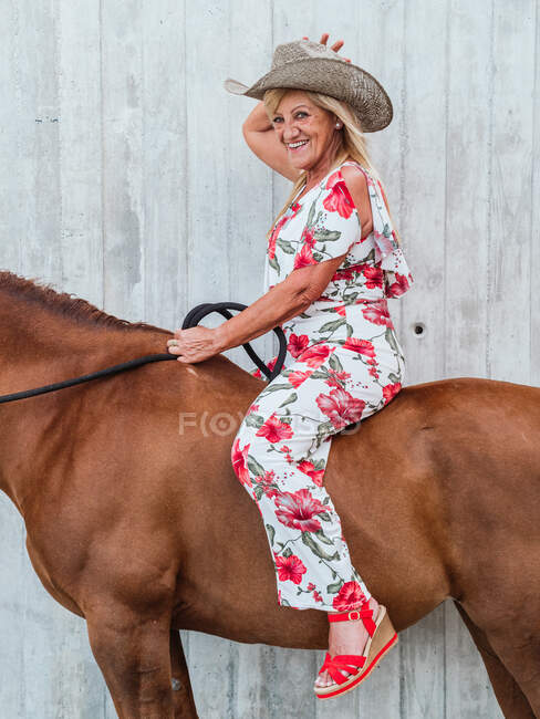 Seitenansicht Ganzkörper der lächelnden Seniorin mit Cowboyhut hält Zügel auf Fuchshengst — Stockfoto
