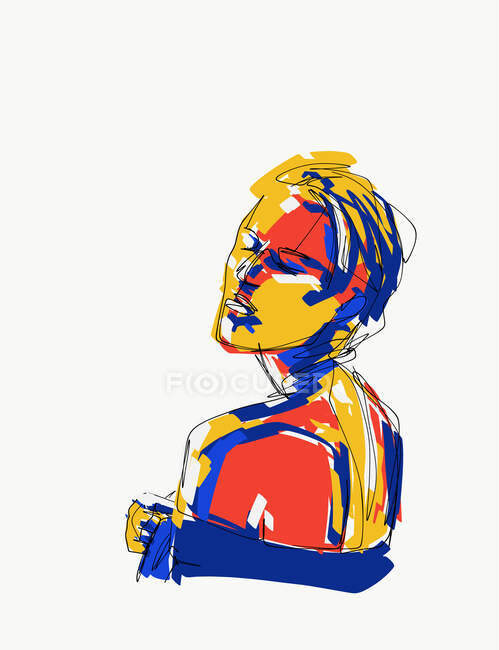 Illustration vectorielle de la jeune femelle gracieuse aux yeux fermés et aux épaules nues peintes avec des couleurs bleu rouge et jaune sur fond blanc — Photo de stock