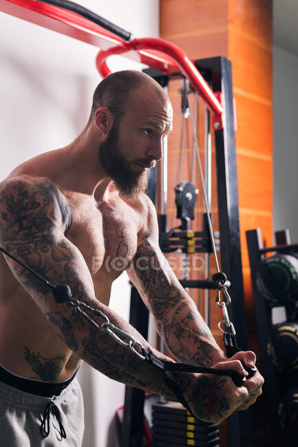 Side view of concentrated muscular sportsman with tattoos doing exercises on cable crossover machine in gym with light walls — Stock Photo