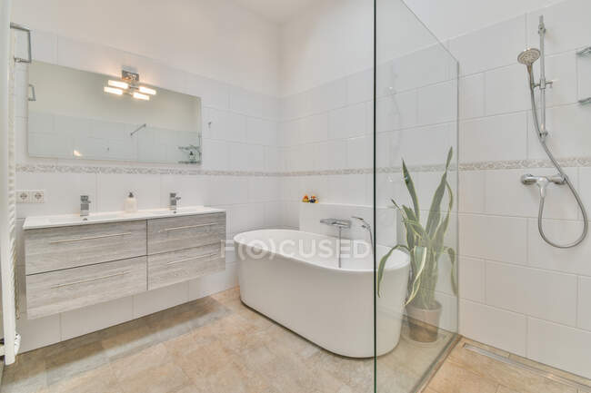 Современный минималистский стиль ванной комнаты с душевой кабиной и белой керамической ванной возле раковины и зеркала — стоковое фото
