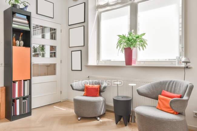 Удобные серые кресла с красочными подушками, расположенные рядом с подоконником с зеленым растением в светлой гостиной с шкафом и зеркалами — стоковое фото