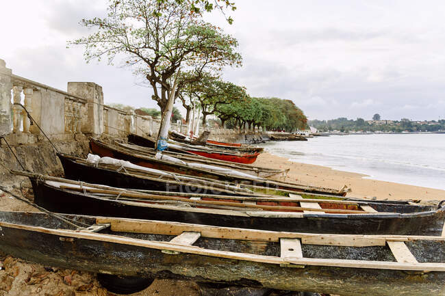 Ряд старых деревянных лодок пришвартованы на песчаном пляже океана против зеленых тропических растений на острове Со Том и Прнсипи в солнечный день — стоковое фото