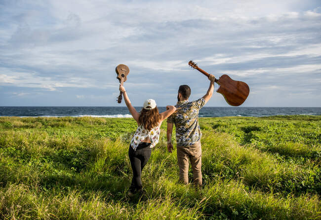 Обратный вид на неузнаваемых друзей, обнимающих и поднимающих руки с укулеле и гитарой, стоя на травянистом берегу и любуясь живописным морем в солнечный день — стоковое фото