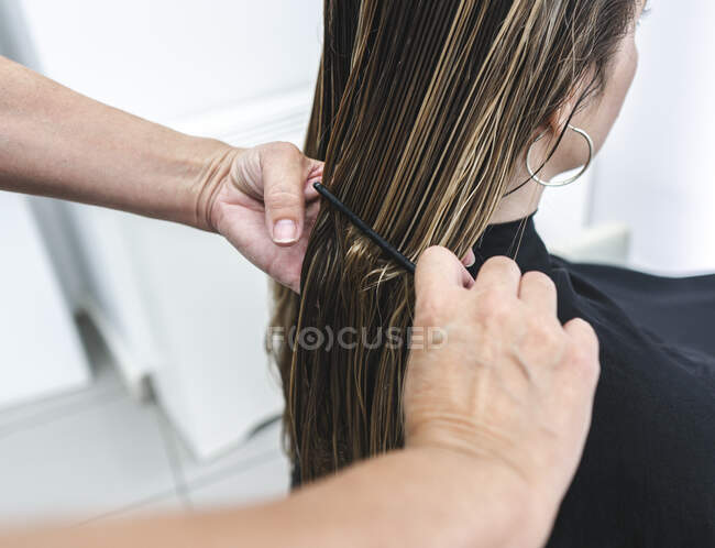 Вид збоку анонімної молодої жінки майстер розчісує жінку з довгим волоссям в перукарні — стокове фото