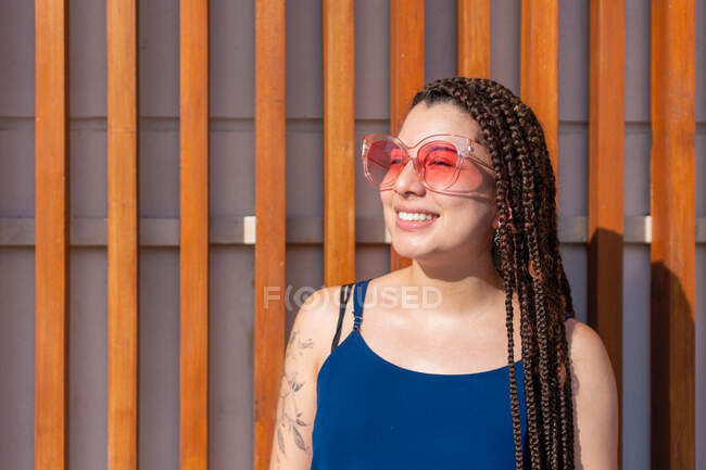 Positive Hispanic female with tattoo and long braided hair looking away while standing near structure with decorative wooden planks on sunny street — Stock Photo