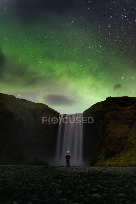 Back view of unrecognizable tourist admiring amazing scenery of powerful Skogafoss waterfall flowing through rocky cliff under magnificent starry sky with polar lights during trip in Iceland — Stock Photo