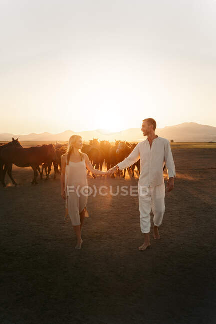 Pieno corpo di donna amorevole e uomo che si tiene per mano e si guarda mentre si cammina in campagna al tramonto — Foto stock