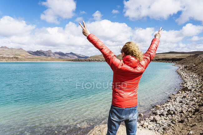 Back view of calm unrecognizable traveler standing on edge of cliff above blue ocean against mountains in Iceland in sunny day — Stock Photo