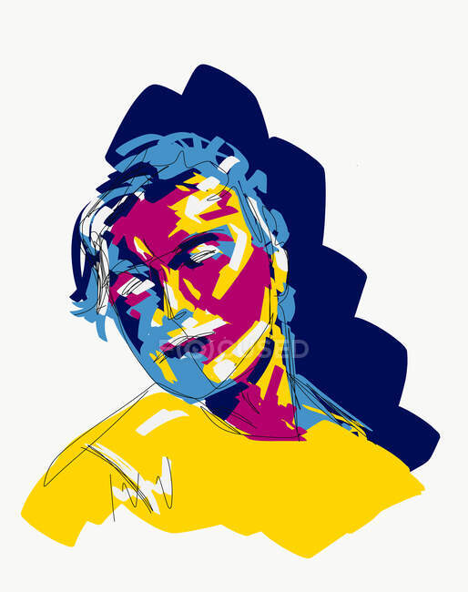 Imagen vectorial multicolor creativa de una persona pensativa con manchas de colores en el fondo blanco de la cara - foto de stock