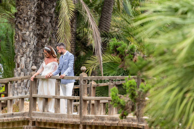 Молодая молодожёны в свадебных нарядах стоят на деревянном пешеходном мосту с перилами возле озера со скалами и зелеными пальмами и растениями в парке в летний день — стоковое фото