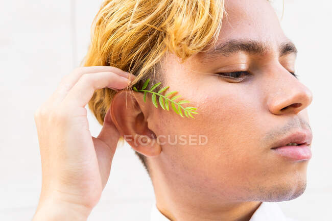 Pensativo jovem macho em camisa formal e pequeno galho verde na bochecha olhando para baixo, enquanto em pé sobre fundo branco — Fotografia de Stock