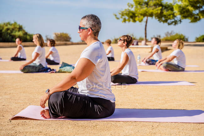 Side view of calm woman with short hair in activewear doing Padmasana while sitting on yoga mat during outdoors practice in sunny day — Stock Photo