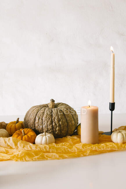 Спалювання свічок у паличках і різні гарбузи влаштовують на білому столі під час святкування Галовіна. — стокове фото