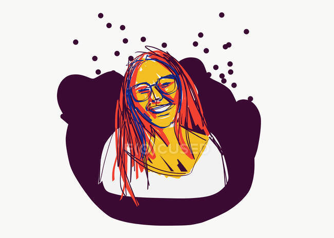 Красочная векторная иллюстрация веселой молодой женщины с длинными волосами в повседневной одежде и очках, улыбающейся на темно-фиолетовом фоне — стоковое фото