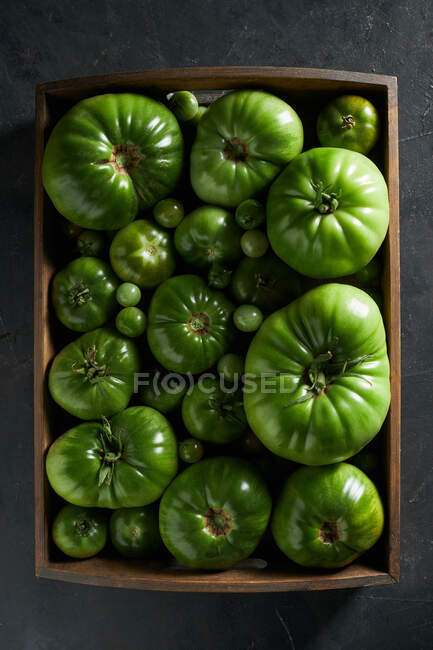Dall'alto di scatola piena di pomodori verdi acerbi messi sul tavolo nero durante la stagione del raccolto — Foto stock