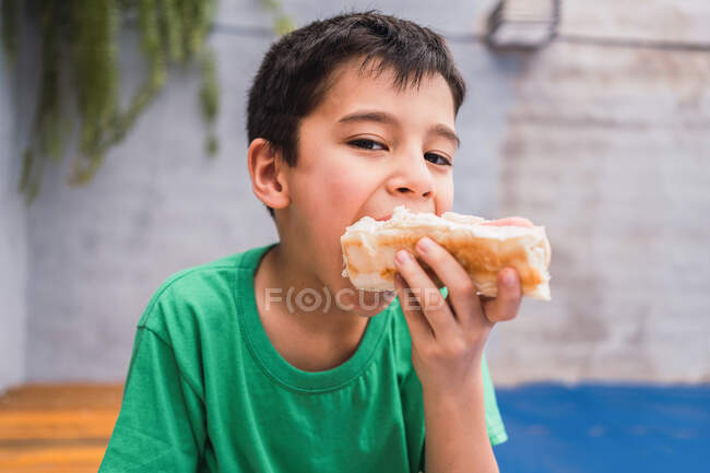 Junge in Freizeitkleidung schaut in die Kamera, während er zu Hause in einem hellen Raum frischen, leckeren Hot Dog isst — Stockfoto