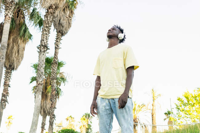 Desde abajo de hombre joven afroamericano en traje casual escuchando música con auriculares con los ojos cerrados en día soleado en el parque - foto de stock