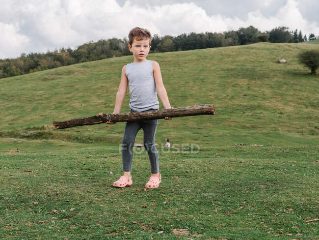 Cuerpo completo de chico serio mirando hacia otro lado mientras está de pie con la viga en las manos en el terreno herboso cerca del terreno montañoso con árboles en el campo - foto de stock