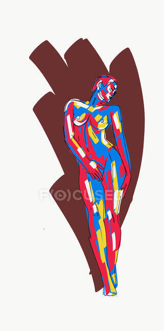 Ilustración vectorial de longitud completa de cuerpo femenino en forma desnuda tocando colorido contra fondo marrón - foto de stock