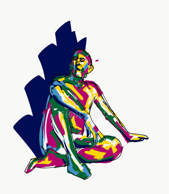 Ilustración vectorial del hombre con manchas azules de color verde púrpura y amarillo en la cara y el cuerpo sentado en la superficie blanca y mirando hacia otro lado - foto de stock