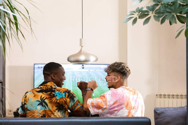 Vista trasera de amigos masculinos multirraciales sentados en el sofá mientras juegan al fútbol videojuego en la televisión en la sala de estar con plantas mientras golpean puños - foto de stock