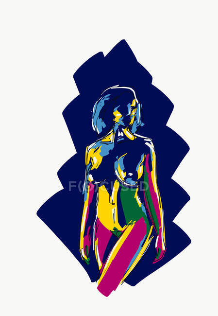 Векторная иллюстрация обнаженной обнаженной женщины с красочным телом на синем фоне — стоковое фото