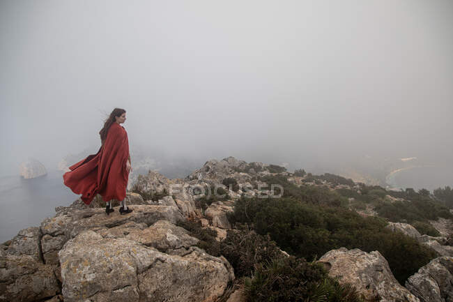 Full body side view of female in Victorian styled clothes standing on cliff with moss near sea in misty weather — Stock Photo