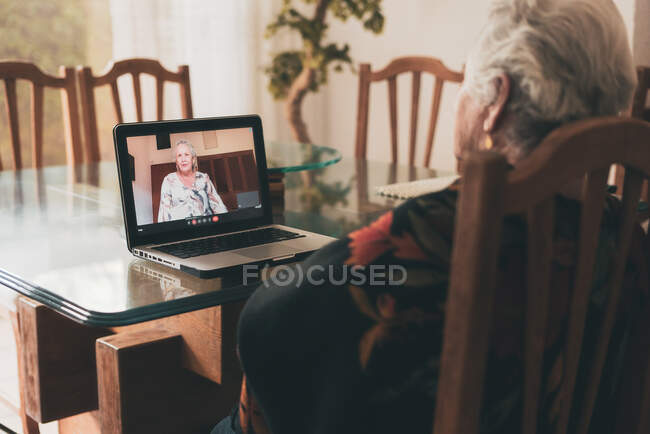 Vista posteriore di una donna anziana irriconoscibile con i capelli corti e grigi seduta sulla sedia e che ascolta l'addio della sorella mentre fa videochiamate via netbook a casa — Foto stock