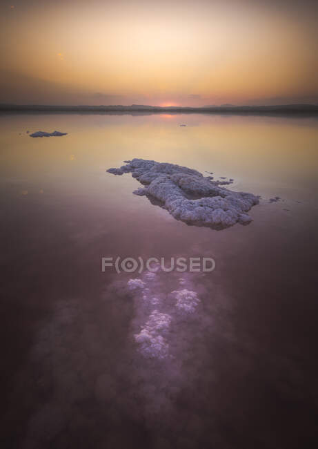 Lake with clear pink water and salt located in famous national park in Torrevieja city of Spain in evening time during sunset — Stock Photo