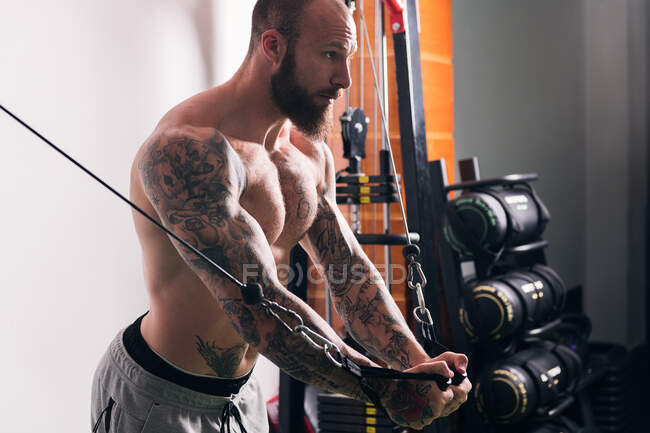 Vista lateral da cultura esportista muscular concentrado com tatuagens fazendo exercícios na máquina crossover cabo no ginásio com paredes leves — Fotografia de Stock