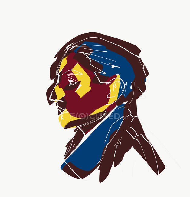 Ilustración vectorial de la vista lateral del hombre tranquilo con tinte colorido en la cara mirando hacia otro lado pensativamente - foto de stock