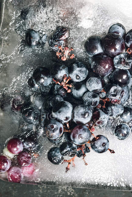 Vista superior do pedaço de gelo com uvas colocadas na bandeja de metal à luz do sol — Fotografia de Stock