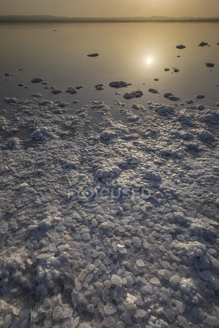 Shore with salt near still water of lake in famous national park in Torrevieja city of Spain in evening time — Stock Photo