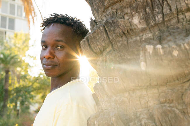 Jovem pensativo Africano América masculino vestindo luz camiseta amarela e com cabelo curto em pé na palmeira na parte de trás iluminado de luz solar e olhando para a câmera — Fotografia de Stock