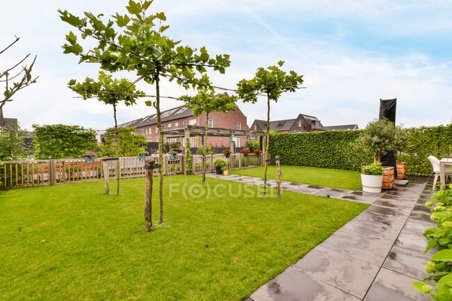 Green grassy lawn located in backyard of brick suburban cottage against cloudy blue sky — Stock Photo