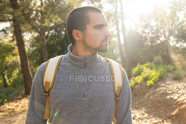 Randonneur masculin barbu en vêtements décontractés et sac à dos debout dans la forêt verte par une journée ensoleillée pendant la randonnée — Photo de stock