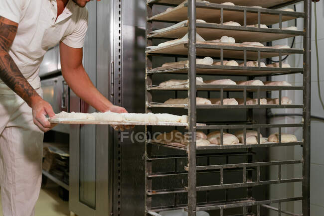 Young stylish tattooed male baker in casual clothes putting loaves of raw dough on metal rack while baking bread in kitchen — Stock Photo