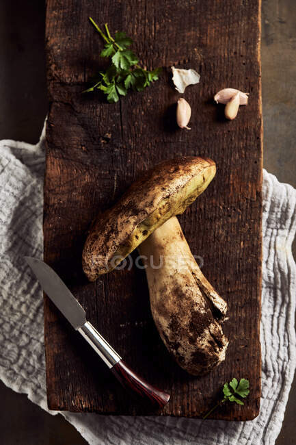 Вид зверху сирого нарізаного грибами Болету на дерев'яній дошці з часником і петрушкою на легкій кухні під час приготування їжі — стокове фото