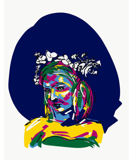 Ilustración vectorial multicolor creativa de la hembra soñadora con corona en la cabeza mirando hacia otro lado contra el fondo azul - foto de stock