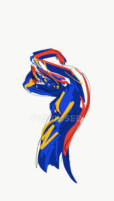Творческая векторная иллюстрация бокового вида женщины с обнаженным телом, касающейся спины и смотрящей вниз на белый фон — стоковое фото
