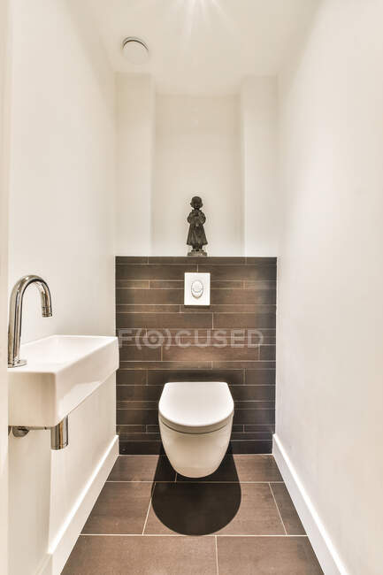 Creative design of bathroom with toilet bowl under statuette against washstand with faucet in light house — Stock Photo