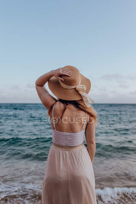 Вид ззаду на невпізнавану жінку в літній сукні і капелюсі, що стоїть на пляжі поблизу рваного моря, захоплюючись мальовничим видом — стокове фото