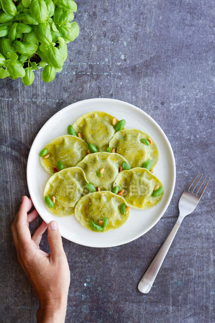 Top view of crop anonymous person at table with raviolis near fork and fresh basil leaves in kitchen — Stock Photo