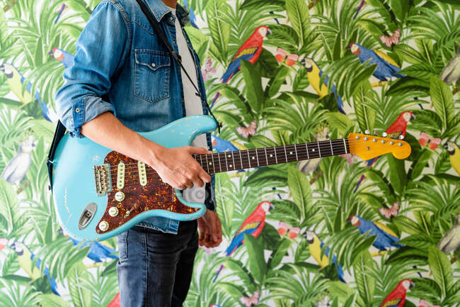 Anonymous male guitarist while standing against wall with vivid paintings of green plants and parrots — Stock Photo