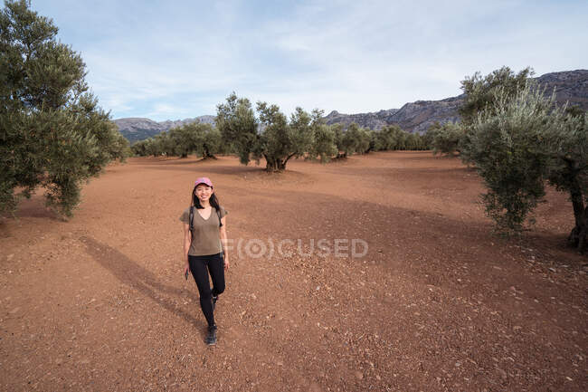 Full body of content Asian female traveler with smartphone looking at camera while standing on plantation with lush green olive trees — Stock Photo