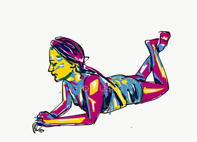 Illustration vectorielle du corps complet de la jeune femme millénariste aux cheveux longs en vêtements décontractés couchés sur le sol blanc — Photo de stock