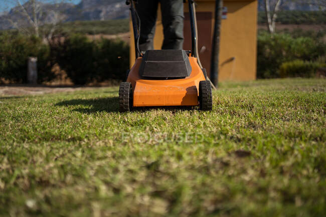 Male gardener mowing grassy lawn near bushes and trees in summer — Stock Photo